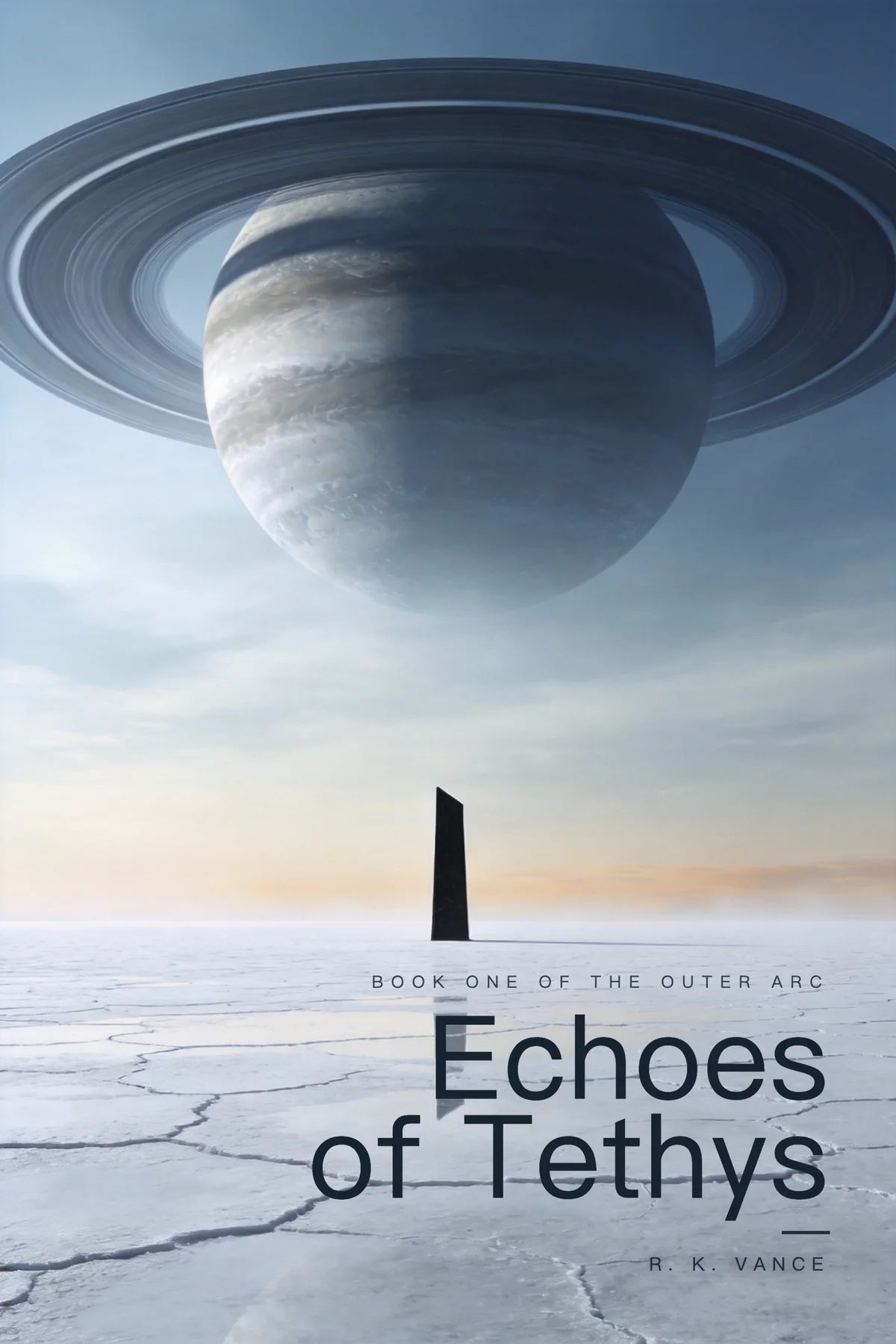 Echoes of Tethys — science fiction book cover with a deep ocean planet
