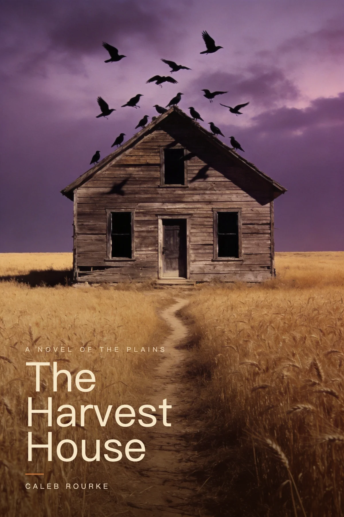 The Harvest House — horror book cover with a lit farmhouse at dusk